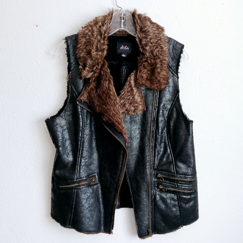 Dots Black Vest Faux Fur Neckline Size Large Streetwear Bikercore